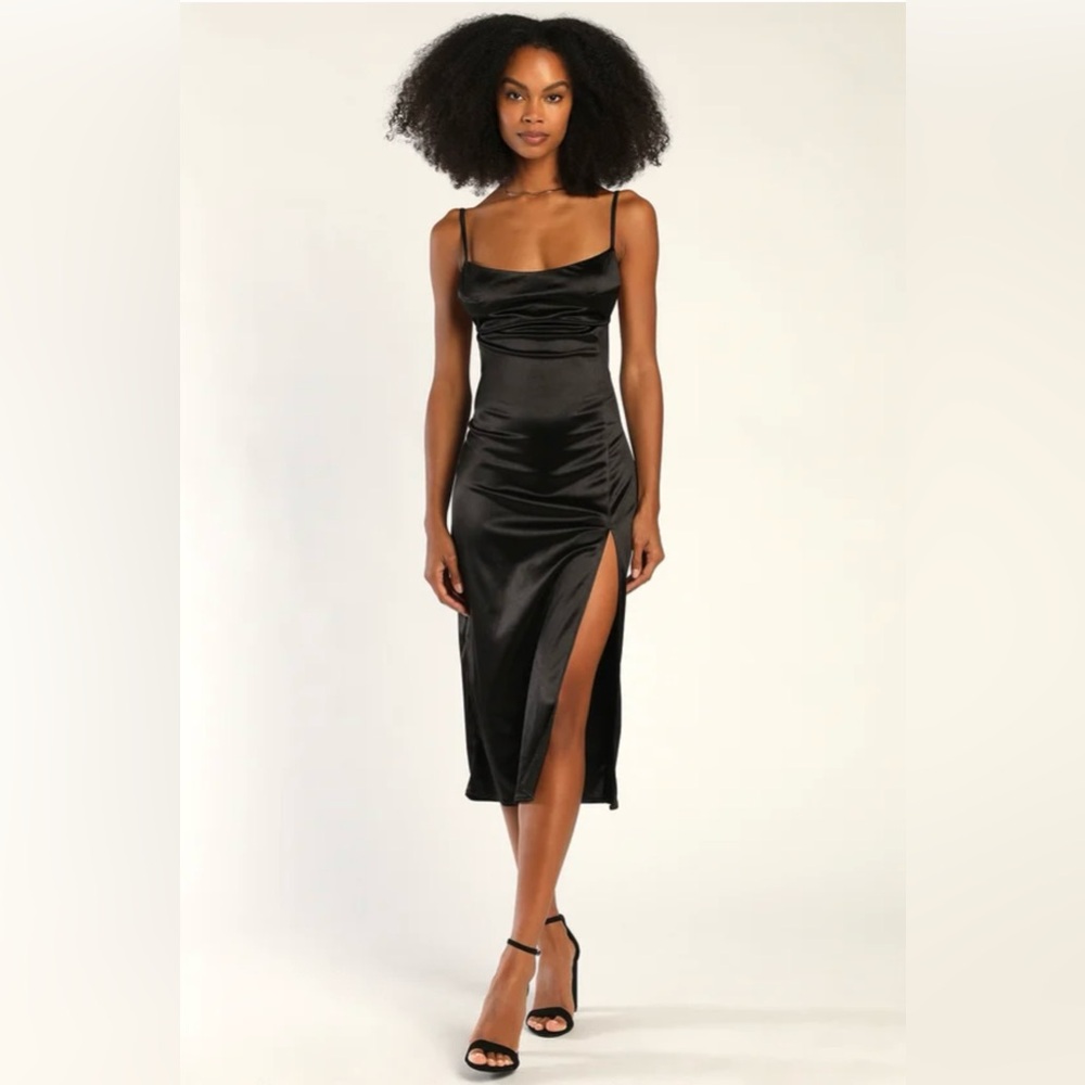 Lulus “Glammed Up Gal Black Satin Backless Sleeveless Midi Dress”